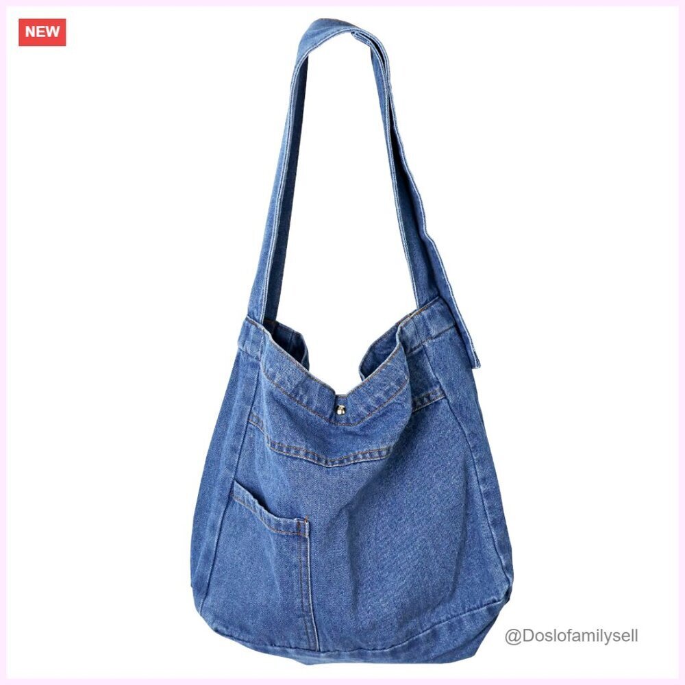 Large Denim Canvas Tote Bag Retro Crossbody Shoulder Bag Women's Casual